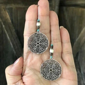 Filigree Flower Floral Big Circle Silver Drop Earrings NWT